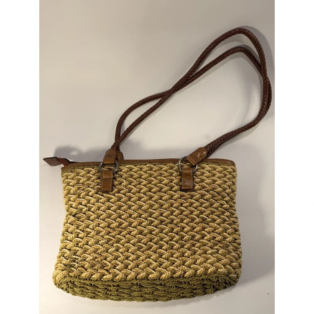 Maggie Barnes Weaved Straw with Faux Leather Croc Print Leather Shoulder Bag